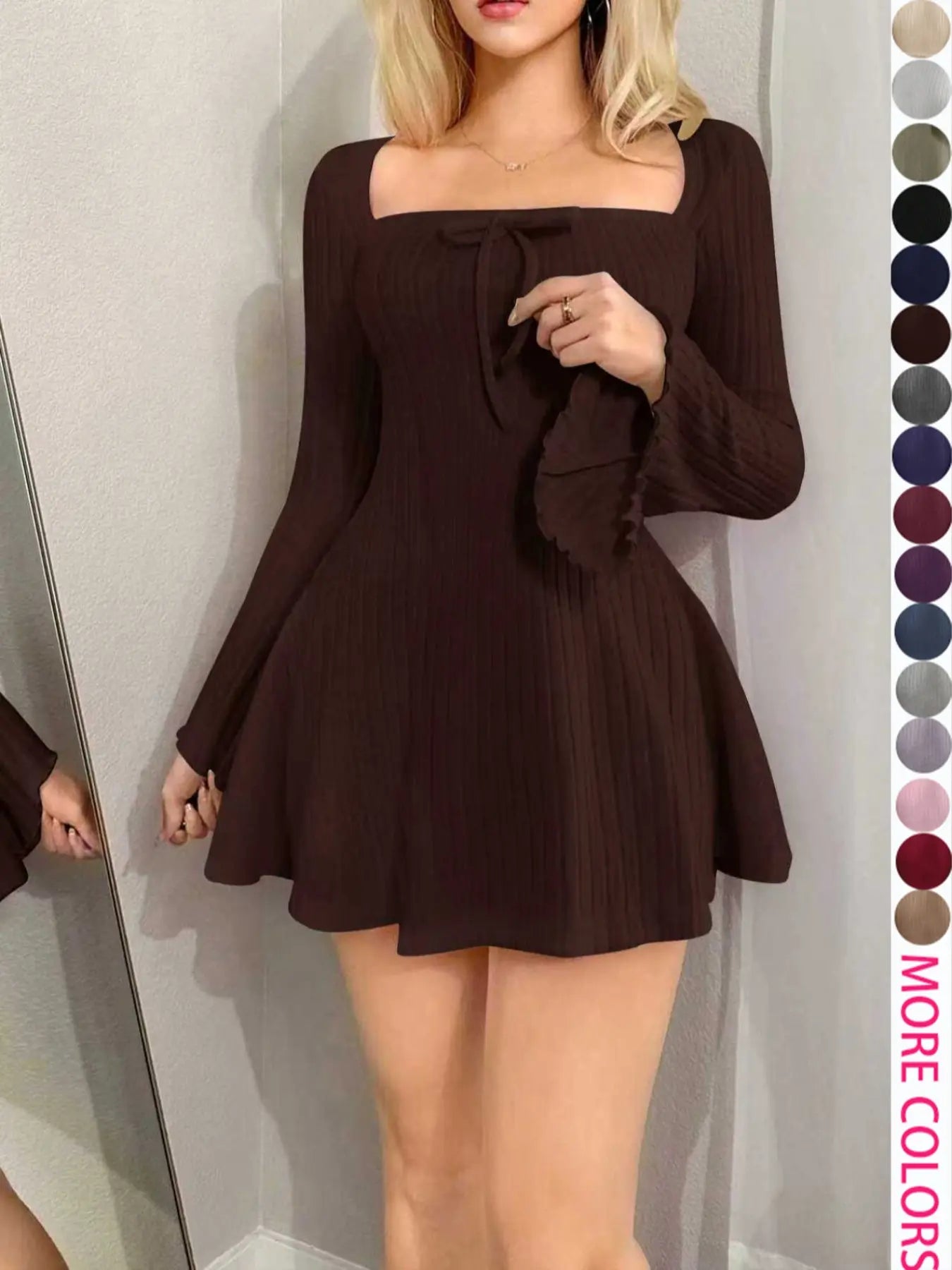 Y2K Style Women'S Long Sleeve Fitted Mini Dress with Square Neck and Flare Sleeves, Casual for Spring & Fall
