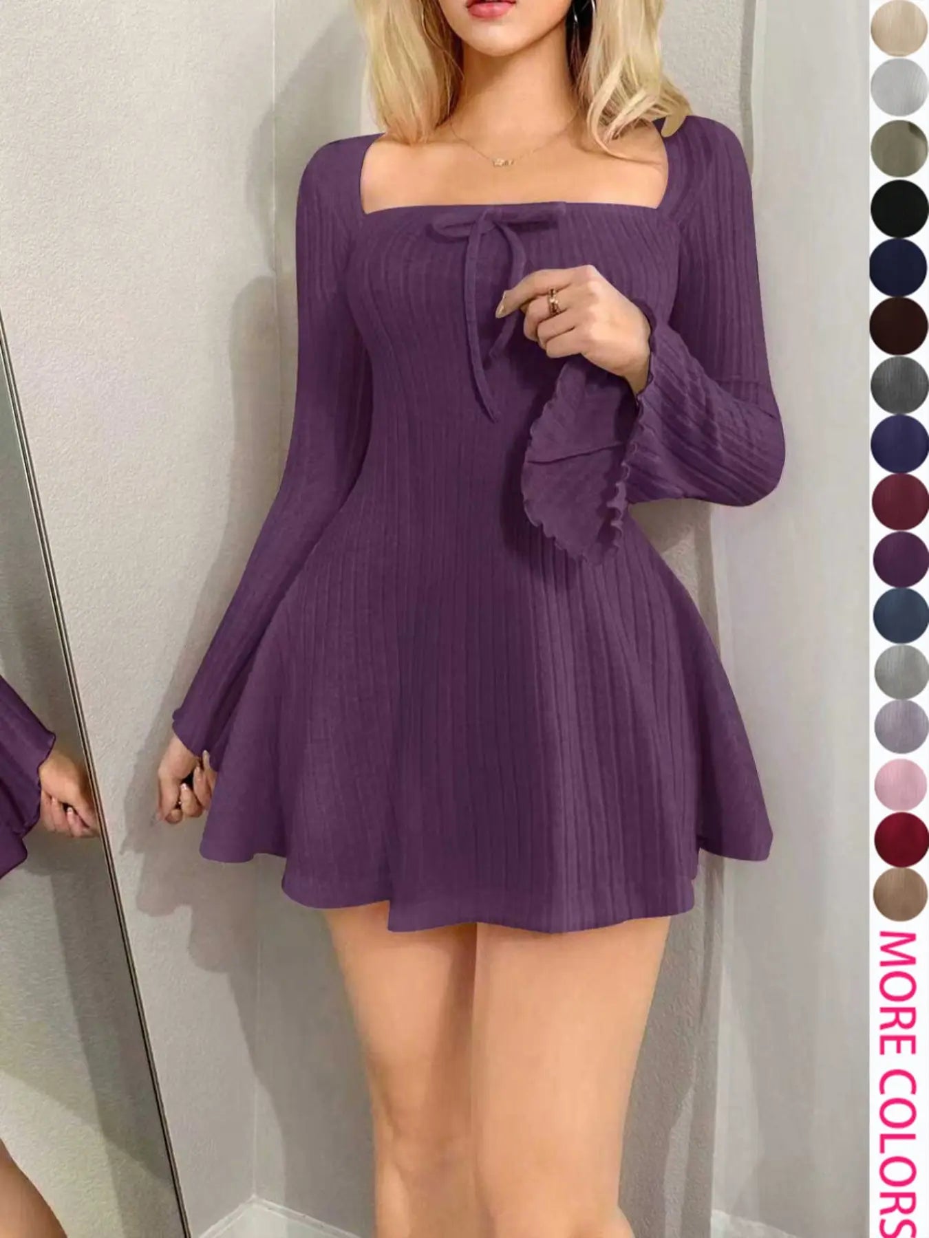 Y2K Style Women'S Long Sleeve Fitted Mini Dress with Square Neck and Flare Sleeves, Casual for Spring & Fall