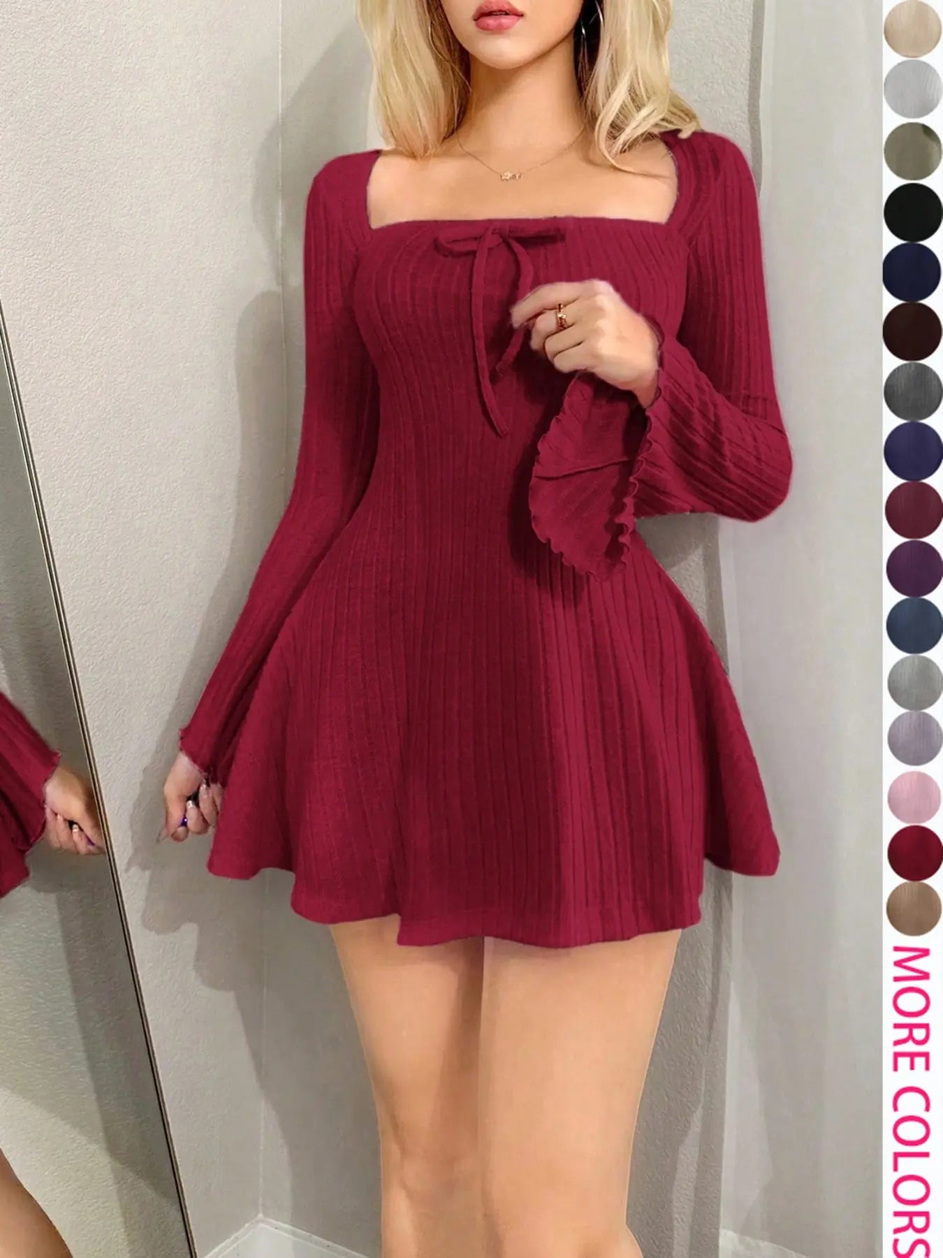 Y2K Style Women'S Long Sleeve Fitted Mini Dress with Square Neck and Flare Sleeves, Casual for Spring & Fall