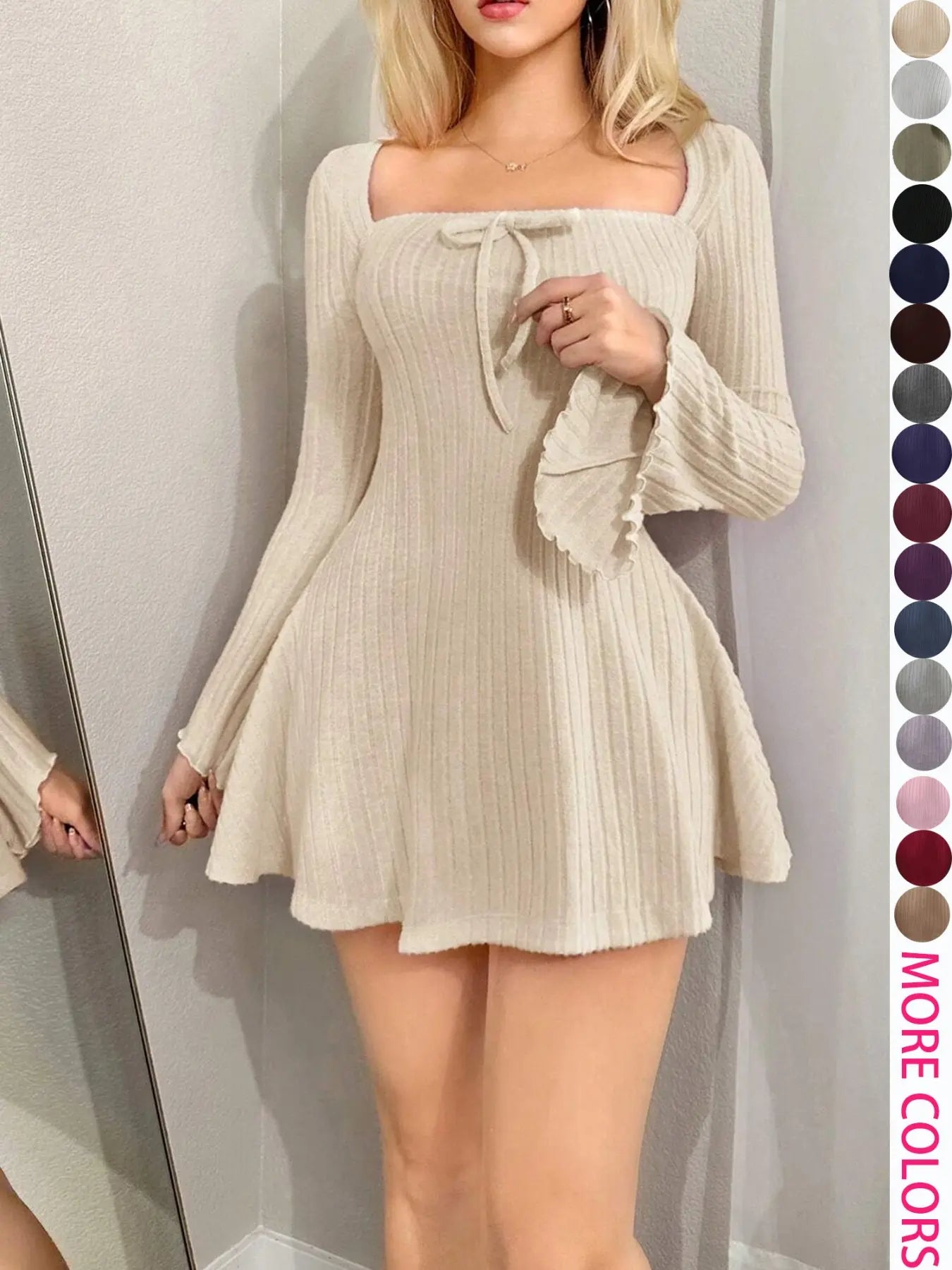 Y2K Style Women'S Long Sleeve Fitted Mini Dress with Square Neck and Flare Sleeves, Casual for Spring & Fall