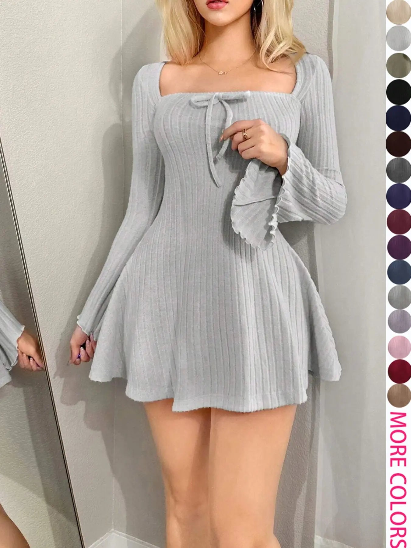 Y2K Style Women'S Long Sleeve Fitted Mini Dress with Square Neck and Flare Sleeves, Casual for Spring & Fall